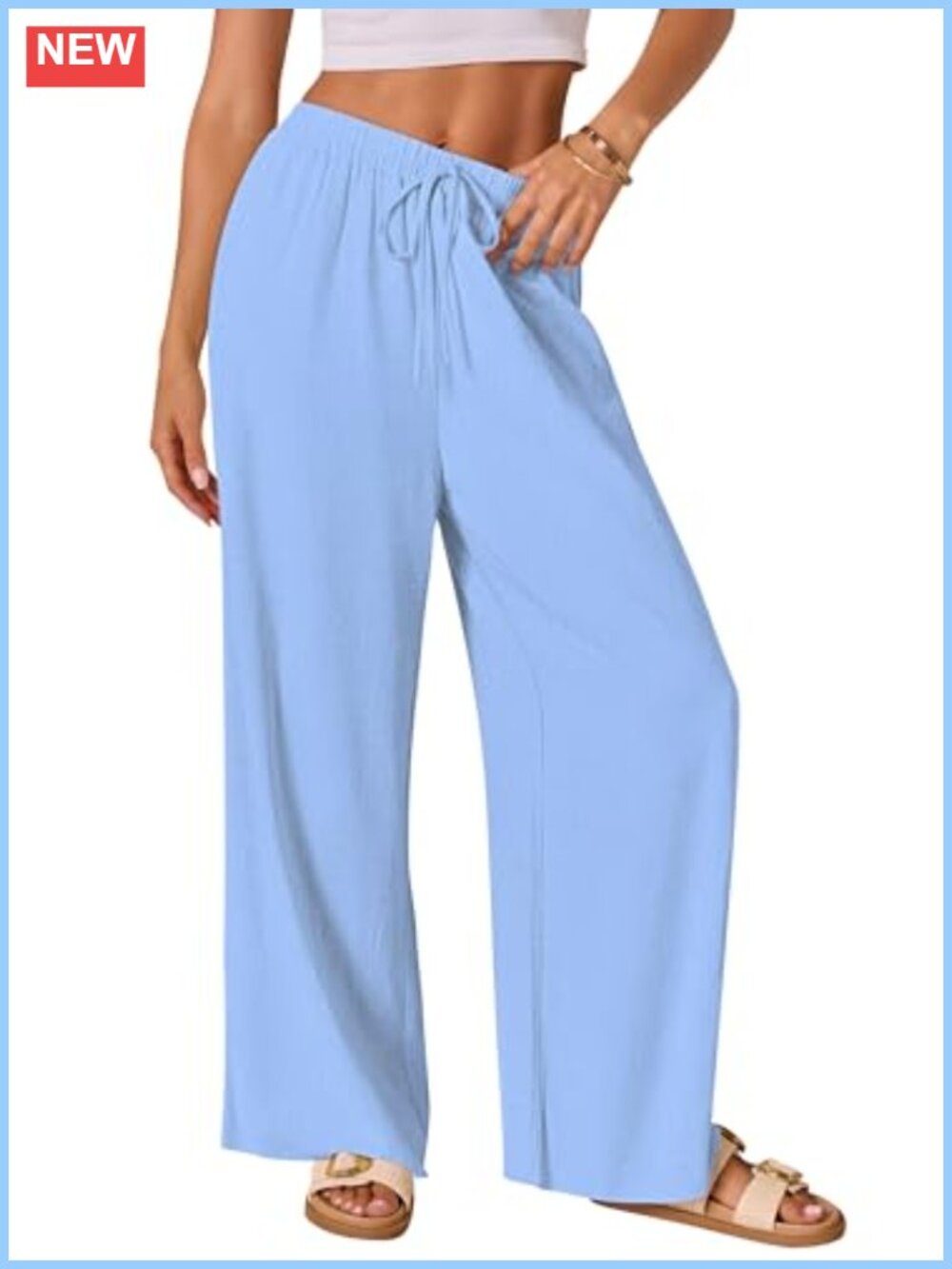 Women's Cotton Linen Palazzo Pants Drawstring Elastic Waist Wide Leg Lounge